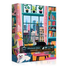 PICKFORU Cozy Puzzles 1000 Pieces, Cat Dog Jigsaw Puzzle Features Book Plant Bookshelf Animals, Puppy Kitten Challenge for Adults,Colorful Modern Art