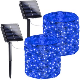 SANJICHA Blue Solar String Lights, Extra-Long 2 Pack 144FT 400LED Super Bright Solar Fairy Lights Outdoor, Waterproof Copper Wire 8 Modes Solar Twinkle Lights for Garden Tree Party Wedding Decorations