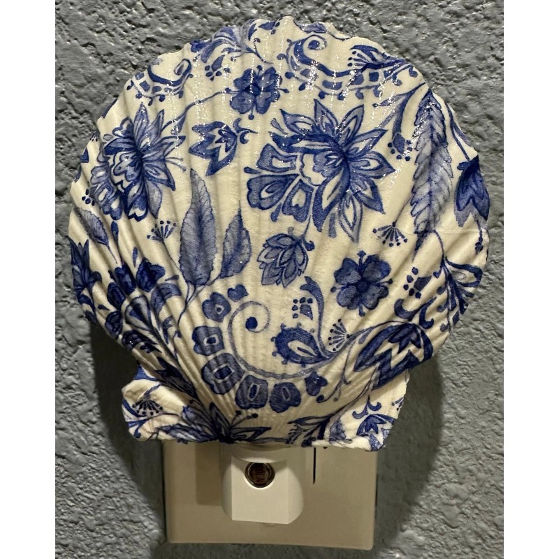 Blue Floral Nightlight Scallop Shell Coastal Decoupage Shell Art -