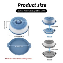 2 Pcs Microwave Splatter Cover, 10.7'' Blue&Grey Collapsible Splatter Guard&Vegetable Fruit Colander 2 in 1, Vented Microwave Lid with Anti-scald BPA-Free Dishwasher Safe Kitchen Gadget for Meal Prep