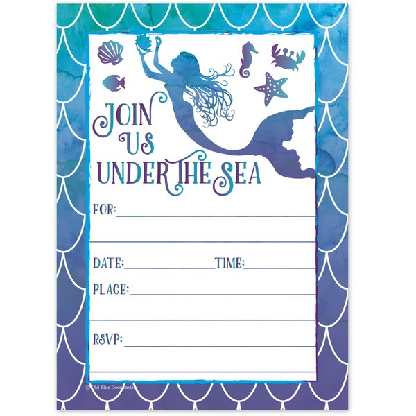 Mermaid Watercolor Birthday Party Invitations for Girls - Summer Pool Party Kids Under the Sea Invites - (20 Count with Envelopes)