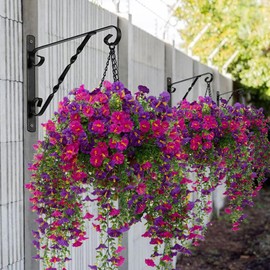 Lcuasc 2Pcs Outdoor Faux Hanging Flowers Artificial Morning Glory with Eucalyptus Leaves UV Resistant Look Real Fake Plants for Outside Planter Porch Patio Balcony Yard Decor (Purple & Fuchsia)