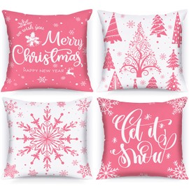 Lanpn White and Pink Christmas Cushion Covers 45x45 Set of 4, Decorative Xmas Throw Covers Pillow Cases 18x18 for Home Bedroom Room Holiday Couch Decor Decorations(White and Pink)