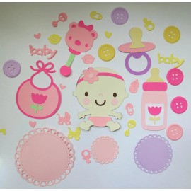 Baby Girl Bottle Bib Rattle Binkie Bib Die Cut Paper Scrapbook Embellishment