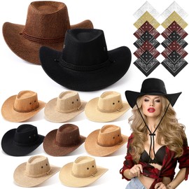 Coume 10 Set Cowboy Hat and Bandana for Women Men 10 Felt Cowgirl Cowboy Hat Bulk 10 Western Bandanas for Adult Costume Party(Brown Series,Flax Style)