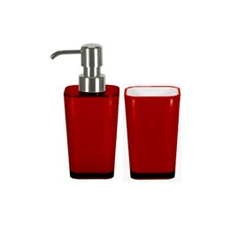 Kleine Wolke Bathroom Accessories Set - 2 Pieces - Liquid Soap Dispenser and Bathroom Tumbler - Impact Resistant Acrylic - Modern Colorful Design - Red