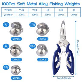 100Pcs Fishing Weights Shot, Split Shot Fishing Weights with Pliers and Compartment Box, 5 Sizes, Soft Metal Alloy Carp Fishing Weights, Non Toxic Fishing Sinkers Dispenser Weights for Coarse Angling