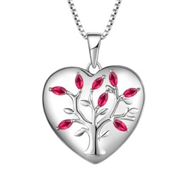 YL Tree of Life Locket Necklace 925 Sterling Silver Cut 5A Cubic Zirconia Heart Locket Pendant for Women, 45-50 cm, Silver, Ruby