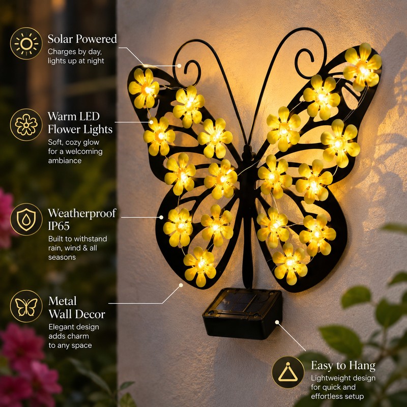 Solar Butterfly Garden Wall Light for Outdoor Decor – LED