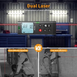 Bilateral Laser Measurement Tool, Bauihr 393ft/120M Rechargeable Aluminum Dual Laser Distance Meter, Dual Laser Measuring Tool with Color Backlit LCD Display, Digital Angle, M/in/Ft Unit Switching