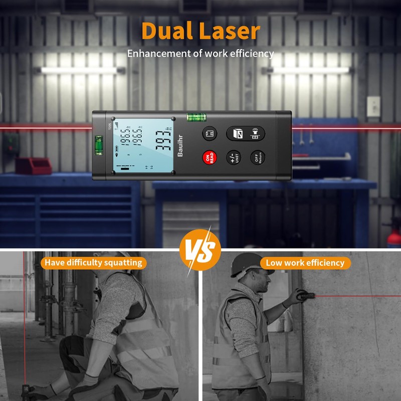 Bilateral Laser Measurement Tool, Bauihr 393ft/120M Rechargeable Aluminum Dual Laser