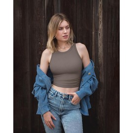 OQQ Women's 2 Piece Tank Tops Crew Neck Sleeveless Basic Stretch Casusal Yoga Crop Camis Tea Leaf Beige