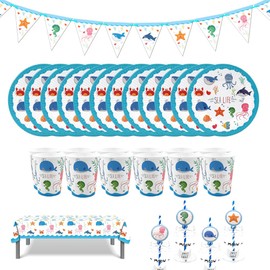 47 Piece Sea Life Marine Animals Theme Party Supplies, Kids Birthday Party Decoration Tableware Pack, Including Banner, Plate, Cup, Straw, Table cover, Serves 12 Guests