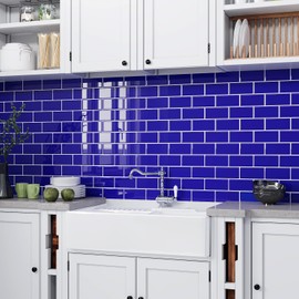 VEELIKE Subway Tile Peel and Stick Backsplash for Kitchen Royal Blue Back Splash Stick on Tiles 6-Sheets 12''x12'' Waterproof Self Adhesive Blue Ceramic Tile for Kitchen Wall Bathroom RV Renters