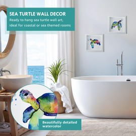 TideAndTales Sea Turtle Decor (9"x9") - Sea Turtle Bathroom Wall Art, Turtle Pictures, Turtle Room Decorations, Sea Turtle Bathroom Decor, Ocean Wall Decor for Home, Beach or Nursery, Framed Set of 2