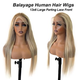 Ash Blonde Highlight Lace Front Wigs Brazilian Human Hair 13x6 Glueless Ombre Blonde Pre Plucked with Baby Hair Platinum Blonde Balayage 180% Density HD Transparent Lace Frontal Wig 20 Inch for Women