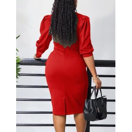 Elegant Red Church Dress for Women 3/4 Sleeve Pencil Dress Fashion Crew Neck Midi Dress High Waist Office Work Outfits
