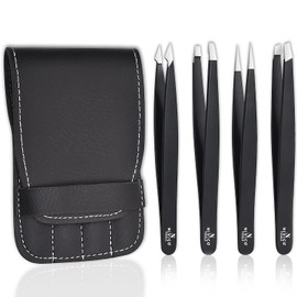 Pinzas para cejas para mujer, de acero inoxidable inclinadas, 4 piezas, con bolsa de cuero, pinzas de pelo encarnadas para cejas, barbilla y cara