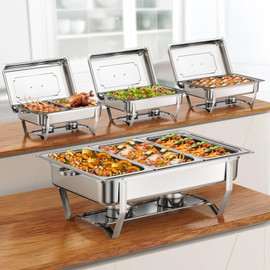 WARMOUNTS Chafing Dishes for Buffet (9QT, 4 Pack) - Easy Assembly, Food-Grade Stainless Steel Chafers for Catering with Rolled Edge Design, Foldable Frame, for Party (Full & 1/2 & 1/3 Size Food Pan)