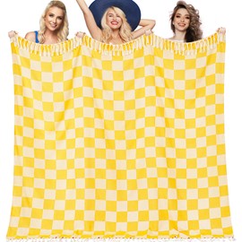 Genovega Oversized Giant Turkish Beach Towel Blanket Extra Large XXL Lightweight Quick Dry Sand Free Boho Throw Pool Cloud Sandrpoof Blankets Women Men Big Jumbo Wide 2 Person Size Grid Yellow