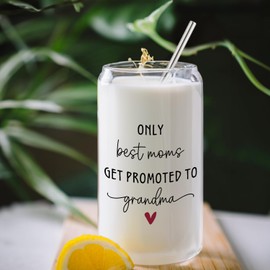 BEHIFL Promoted to Grandma Glass Cup with Lids and Straws 14oz, First Time Soon to Be Grandma Gifts, Mother's Day Gifts for New Grandmother Glass Iced Coffee Tumbler Drinking Jars with Cleaning Brush