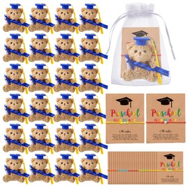 Motionchic 25 Sets Preschool Graduation Bear Gift Bulk 2025 Preschool Mini Graduation Stuffed Bears Adjustable Wish Bracelets with Organza Bags, Cards for Class of 2025 Party Favors(Blue)