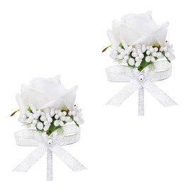 Vkkperp White Rose Boutonniere for Men, Set of 2, Groom and Best Man Artificial Boutonnieres, for Wedding Anniversary Ceremony Dinner Prom Party Flower Decorations