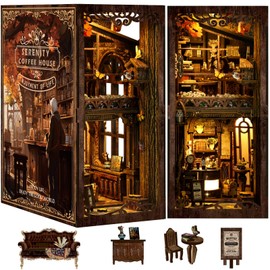 KIBLAH DIY Book Nook Kit 3D Puzzles for Adults Miniature House Kit Wooden Bookends Booknook Bookshelf Insert Decor with LED Lights Wood Crafts Gifts for Book Lovers - Serenity Coffee House