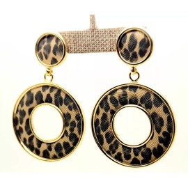 Unbranded Vintage chunky Leather brown & black Earrings Animal Print Leather Clip Earrings