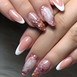Almond Press on Nails Medium Fake Nails Glitter with Marbling Design French Tip False Nails Acrylic Artificial Nails Glossy Glue on Nails Full Cover Stick on Nails for Women Manicure Decoration 24Pcs