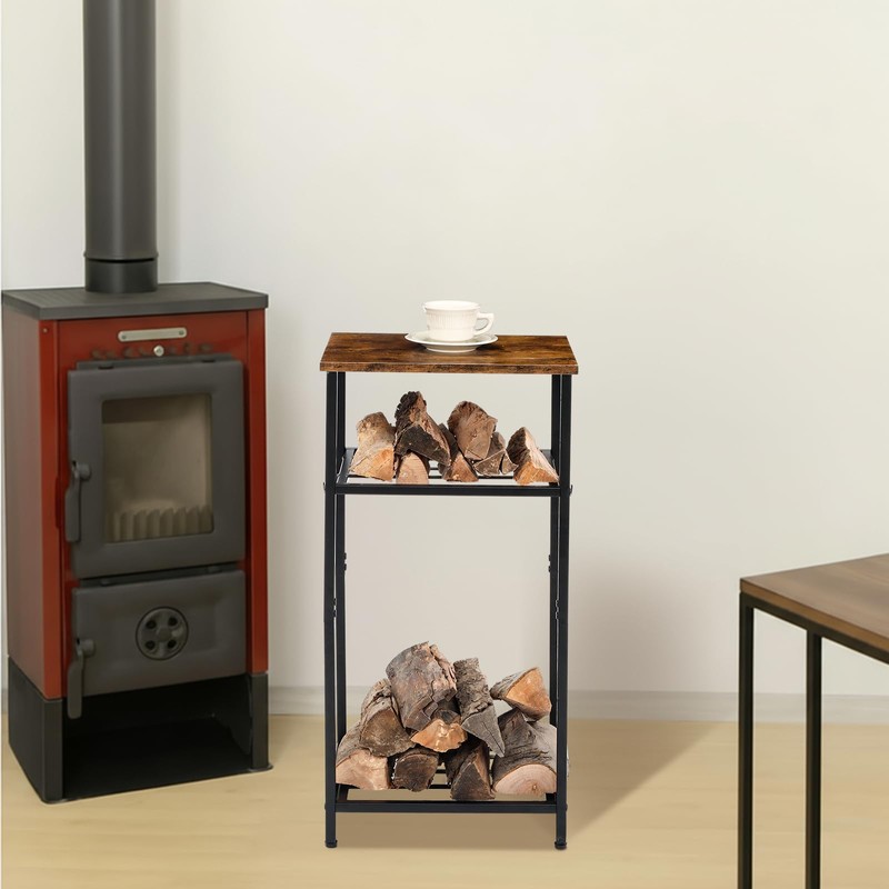 Fiwochic 2-Tier Winter Firewood Rack with Tabletop 4 Hooks Indoor