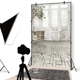 YongFoto Vinyl Photo Background Wooden Window Gate White and Black Art Stone Brick Floor Photography Background for Photo Shooting Portrait Photos Party Children Wedding Photo Studio Props 2 x 3 m