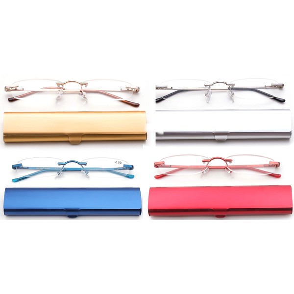 Newbee Fashion-Portable Compact Reading Glasses in Aluminum Case Metal Rectangle Rimless Reading Glasses Super Lightweight Reader Slim Design Comfort Fit 4 Pack Gold/Silver/Blue/Red 3.00