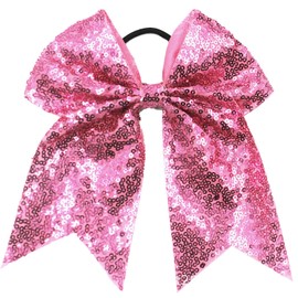 Xansema 6.5 Inches Sequins Hair Bows Elastic Hair Tie Ribbon Large Cheer Bow Ponytail Holder Hair Band for Women Girls Kids Teens (Pink)