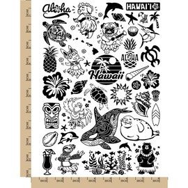 Hawaii Tropical Island Ocean Vacation Temporary Tattoo Water Resistant Fake Body Art Set Collection - Black (One Sheet)