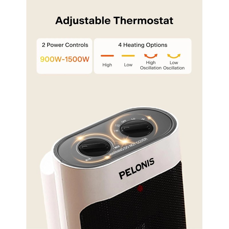 Pelonis Portable Space Heater with 70° Oscillation & Thermostat, Quiet