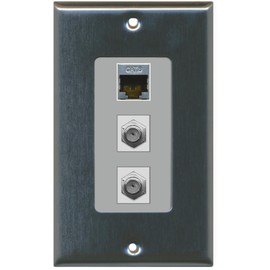 RiteAV - 2 Port Coax Cable TV- F-Type and 1 Port Shielded Cat6 Ethernet Decorative Wall Plate - Stainless Steel/Gray