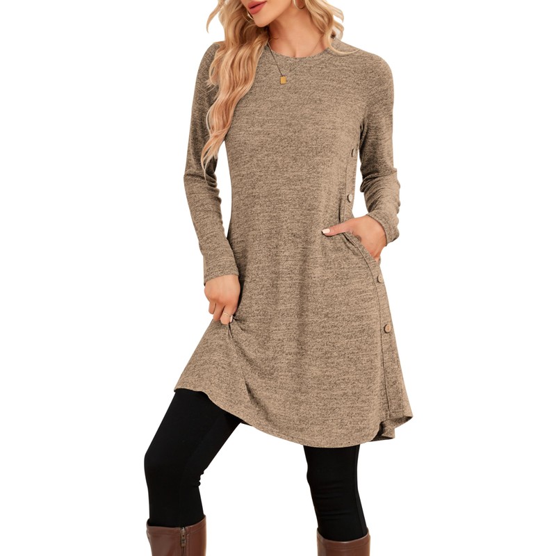 SENBATU Women's Long Sleeve Winter Dress with Side Buttons and