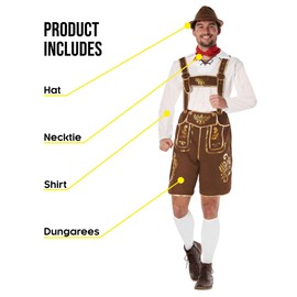 Morph Bavarian Lederhosen Costume, Men's Oktoberfest Outfit Including Shirt, Hat & Necktie, Polyester, M, L, XL, XXL, XXXL