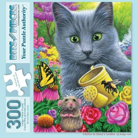 Bits and Pieces - 300 Piece Jigsaw Puzzle for Adults 18" x 24" - Chillin in Misty's Garden - 300 pc Cat Flower Mouse Butterfly Pet Kitten Jigsaw by Artist Bridget Voth
