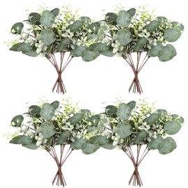Yoratee Artificial Eucalyptus Stems 24PCS Mixed Eucalyptus Greenery Stems Silver Dollar Leaves with White Seeds Green Plants Wedding Bouquet Green Decor Flower Arrangement (Mixed Round Leaves)