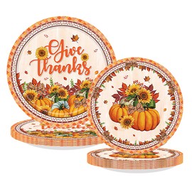 40Pcs Thanksgiving Fall Paper Plates Autumn Leaves Pumpkin Sunflower Orange Plaid Disposable Dessert Plates for Thanksgiving Birthday Wedding Party Dinner Tableware Decorations Favors Supplies