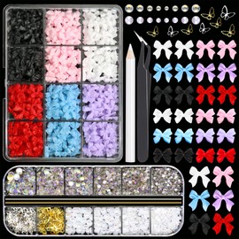 RODAKY Bow Nail Charms and Flatback Pearls Gems Set,Assorted Bows Charms for Nail Art Designs,Black White Pink Bowknot 3D Cute Nail Charm,Half Pearls for Nail Jewelry DIY Crafts Nail Art Decoration