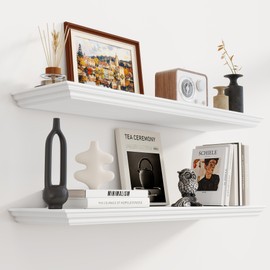 Fun Memories Floating Shelves 36 Inch Long, 9.3 Inch Deep Classic Crown Molding Floating Shelves for Wall, Rustic Wooden Shelves for Wall Decor Bathroom, Kitchen, Office, (White, 2Pack)
