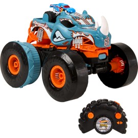 Hot Wheels Monster Trucks RC Toy, Remote-Control Transforming Rhinomite in 1:12 Scale & 1:64 Scale Race Ace, Converts into Launcher, Connects to Track