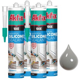 Akfix 100E RTV Grey Silicone Caulk (4x10.1 fl.oz.) - 100% Waterproof Silicone Sealant for Kitchen and Bathroom, Shower, Toilet, Sink, Window and Door, No Yellowing | Grey, 4 Pack