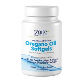 Zane Hellas Oregano Oil Softgels. Extra Strength. Every Softgel Contains 20% Greek Essential Oil of Oregano. 100 mg Carvacrol per Softgel.60 Softgels.