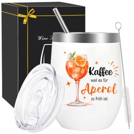 Aperol Stainless Steel Wine Cup, Aperol Spritz Wine Gifts, Wine Cup with "Coffee Because It's Too Early for Aperol", 12 oz Wine Cup with Lid, Straw and Straw Brush, Party Gift for Girlfriend Ape