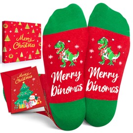 HAPPYPOP Christmas Gifts Stocking Socks for Teen Boys Girls - Dinosaur Socks Xmas Stocking Stuffers for Pre-teen With Greeting Card