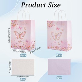 Beebeecraft 12 Sets 2 Colors Butterfly Goodie Bags 4.3x8.3x10.7 Inch with Pink Purple Tissue Paper Rectangle Floral Paper Bags with Handles for Birthday Party Favor Wedding (Watercolor Style)